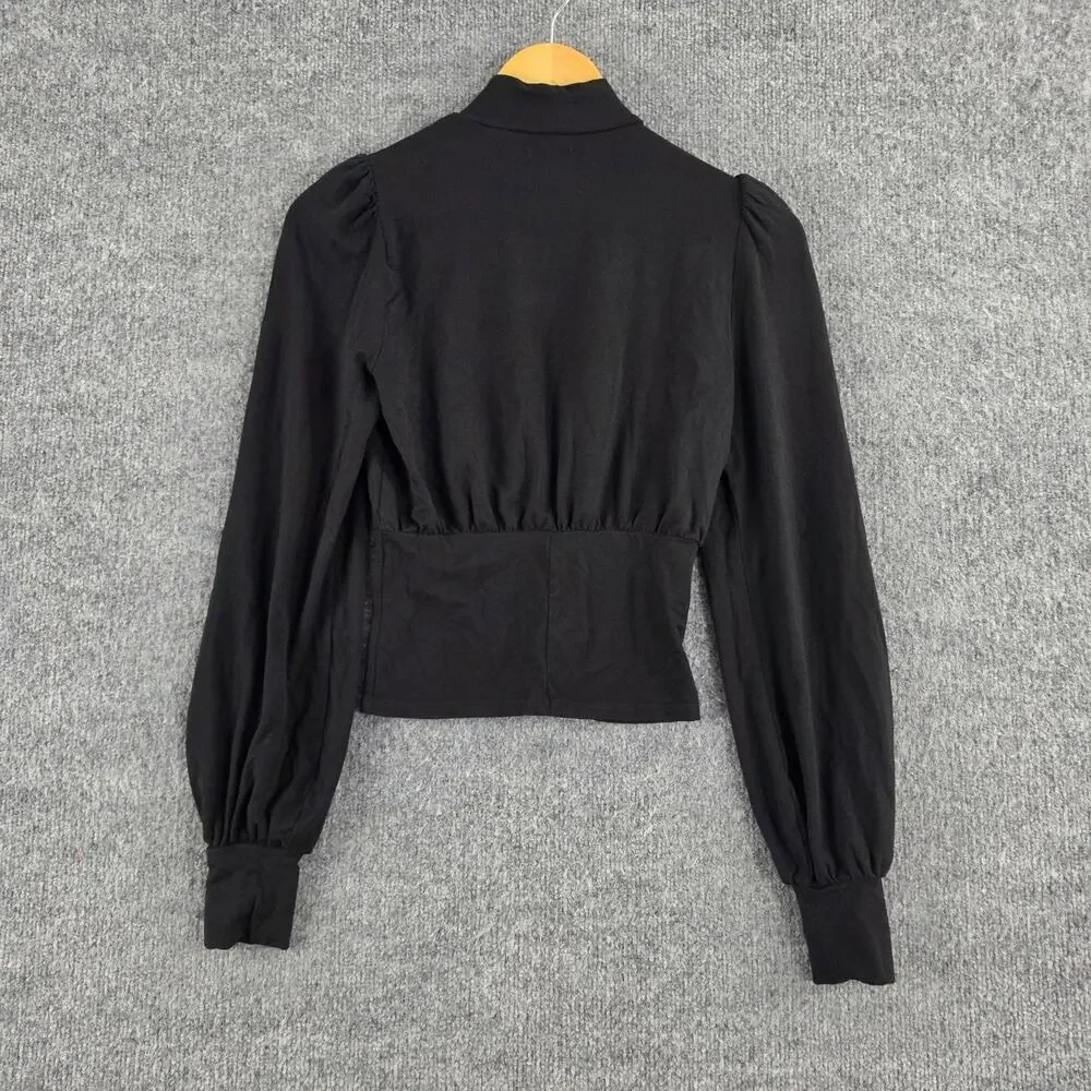 Reformation Blouse XS Black Puff Sleeve Mock Fitted Cutout Ruched Sexy Night Out